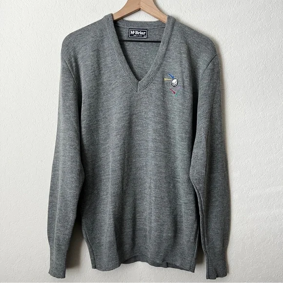 Vintage McBriar Golf Sweater V-Neck Pullover Gray Embroidered Unisex  L - Picture 2 of 7